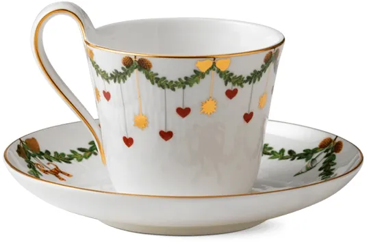 Royal Copenhagen Stjerne Riflet Jul Tasse mit hohem Henkel und Untertasse - 24 cl